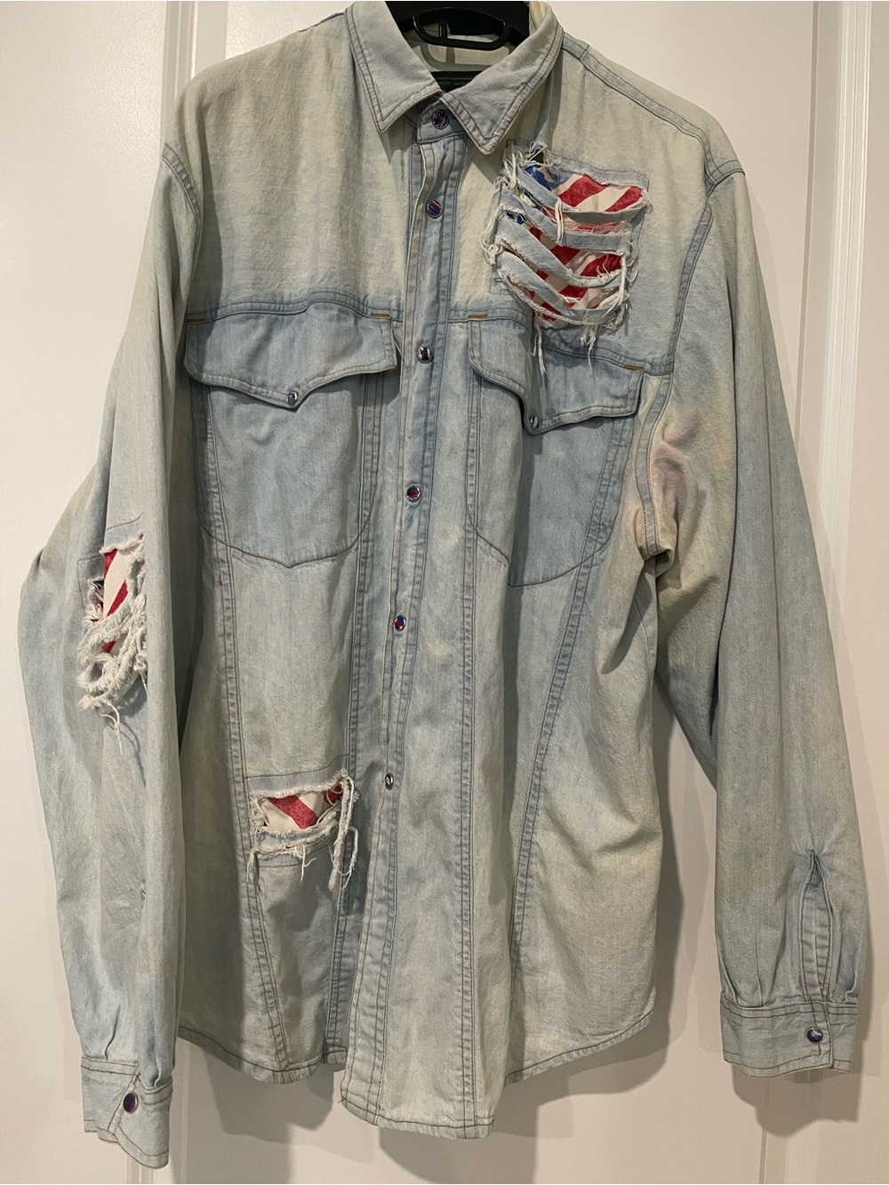 Light Wash Distressed Button-Down Shirt with Flag Patch